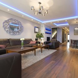 Several examples of indoor lighting being used within a modern living room
