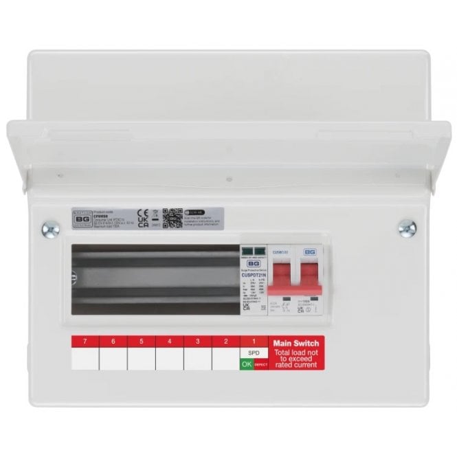 BG Electrical CF9MS6 Surface Mounted 9 Module, 6 Ways with 100A Main Switch and Type 2 SPD Consumer Unit