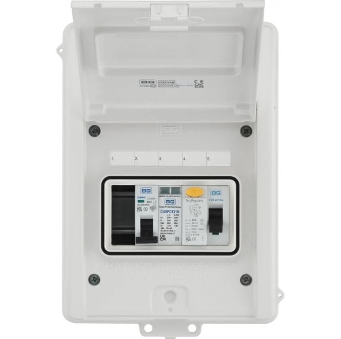 BG Electrical CFEV5AW EV 5 Module with 40a 30mA RCD, 40A MCB and Type 2 SPD and 1 Spare Way in White