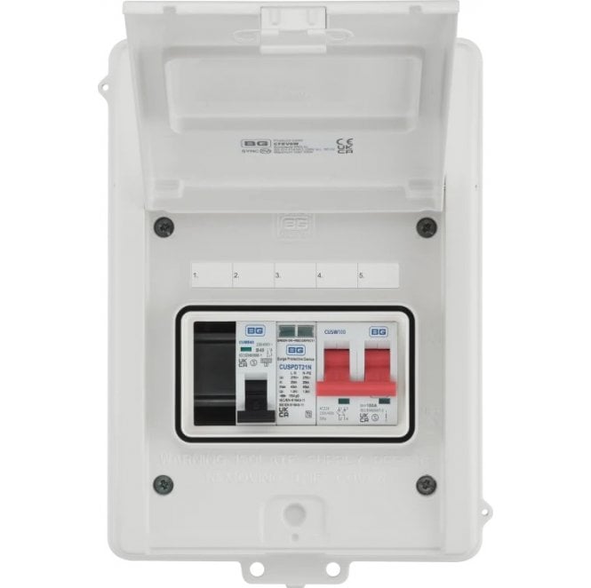 BG Electrical CFEV6W EV 5 Module with 100A Main Switch, 40A MCB and Type 2 SPD and 1 Spare Way in White