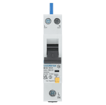 CUCRB10A Unidirectional 10A B-Curve RCBO Type A, 1 Pole, 1 Module