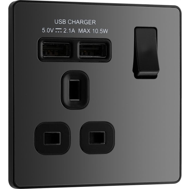 BG Electrical Switches and Sockets PCDBC21U2B Screwless Single Switched Socket with Dual USB Ports (2.1a) with Black Insert in Black Chrome