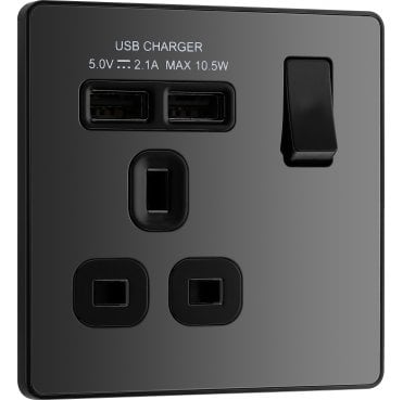 PCDBC21U2B Screwless Single Switched Socket with Dual USB Ports (2.1a) with Black Insert in Black Chrome