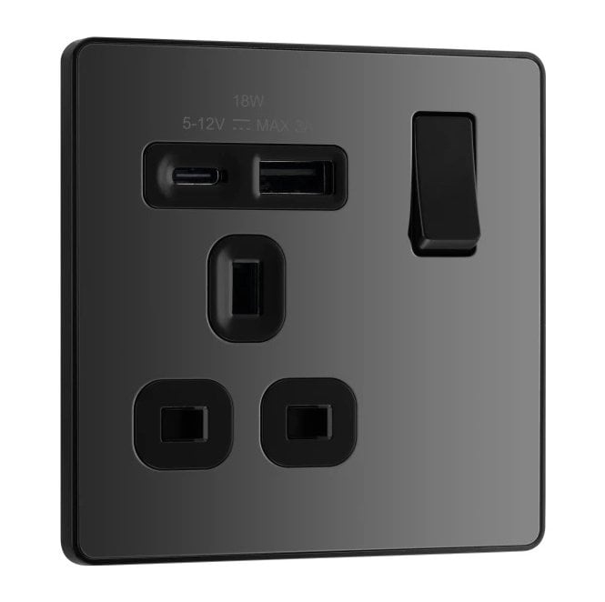 BG Electrical Switches and Sockets PCDBC21UAC18 Screwless Single Switched Socket with Dual USB Ports A+C with Black Insert in Black Chrome