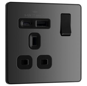 PCDBC21UAC18 Screwless Single Switched Socket with Dual USB Ports A+C with Black Insert in Black Chrome
