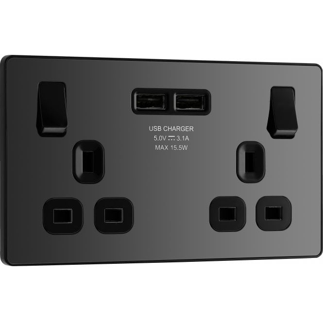 BG Electrical Switches and Sockets PCDBC22U3B Screwless Double Switched Socket with Dual USB Ports (3.1a) with Black Insert in Black Chrome