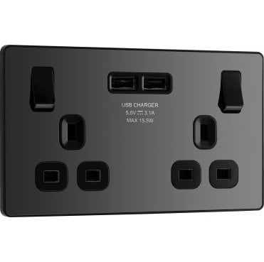 PCDBC22U3B Screwless Double Switched Socket with Dual USB Ports (3.1a) with Black Insert in Black Chrome
