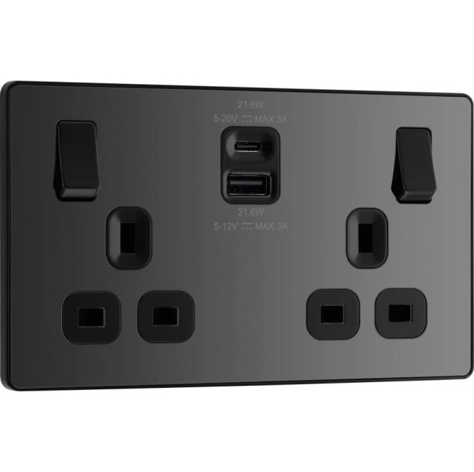 BG Electrical Switches and Sockets PCDBC22UAC22 Screwless Double Switched Socket with Dual USB Ports A+C (22W Fastcharge) with Black Inserts in Black Chrome