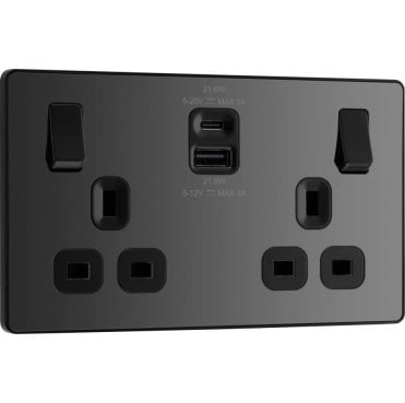PCDBC22UAC22 Screwless Double Switched Socket with Dual USB Ports A+C (22W Fastcharge) with Black Inserts in Black Chrome