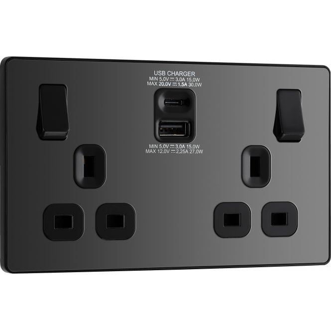 BG Electrical Switches and Sockets PCDBC22UAC30B Screwless Double Switched Socket with Dual USB Ports A+C with Black Insert in Black Chrome