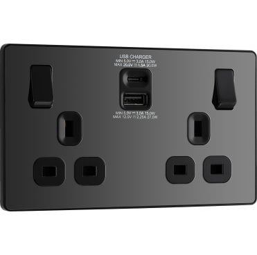 PCDBC22UAC30B Screwless Double Switched Socket with Dual USB Ports A+C with Black Insert in Black Chrome