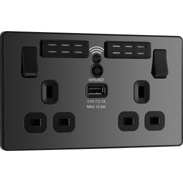 PCDBC22UWRB Screwless 2G Switched Socket with WIFI Extender and USB Port (2.1a) with Black Insert in Black Chrome