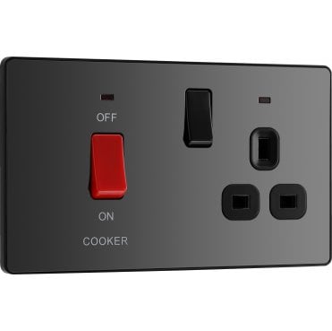 PCDBC70B Screwless 45A DP Cooker Switch and 13A Switched Socket with Neon with Black Insert in Black Chrome