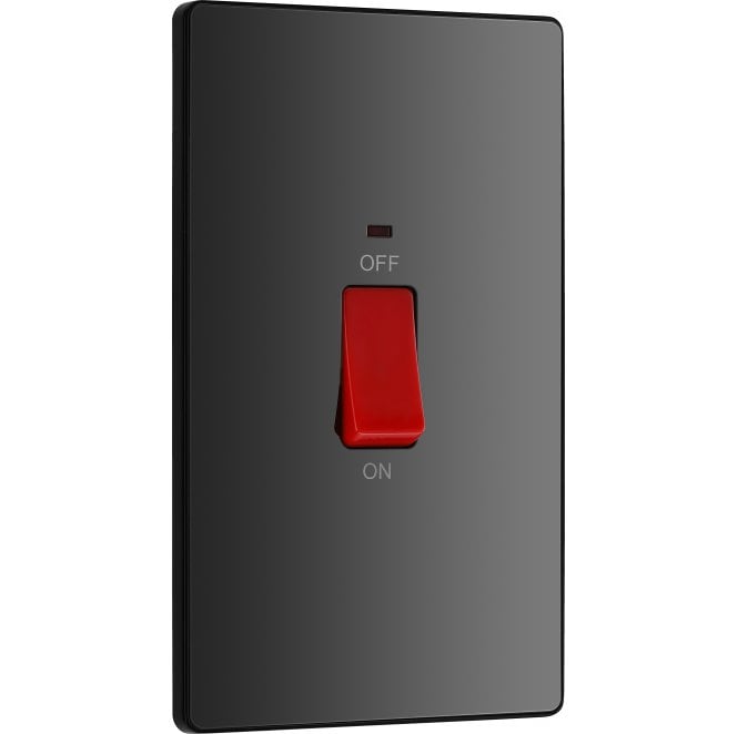 BG Electrical Switches and Sockets PCDBC72B Screwless 45A 2G DP Switch with Neon with Black Insert in Black Chrome