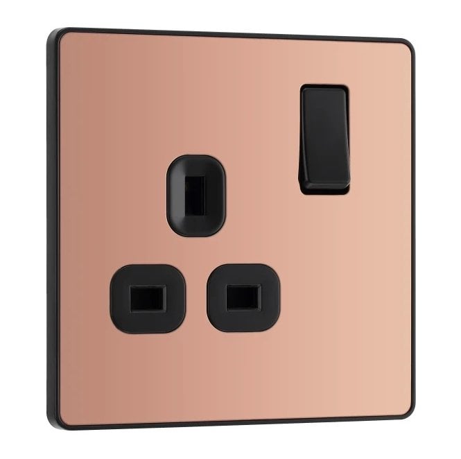 BG Electrical Switches and Sockets PCDCP21B Screwless Single Switched Socket with Black Insert in Polished Copper