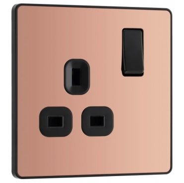 PCDCP21B Screwless Single Switched Socket with Black Insert in Polished Copper