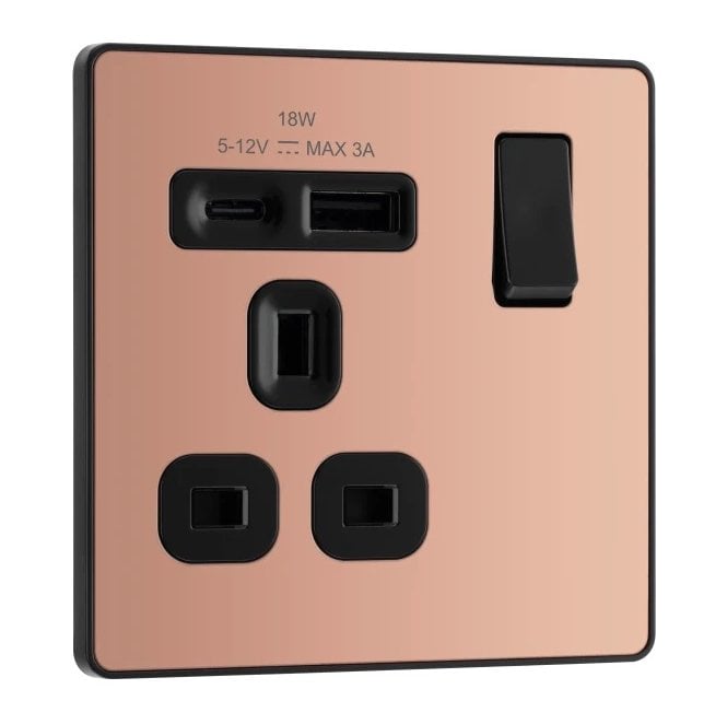 BG Electrical Switches and Sockets PCDCP21UAC18 Screwless Single Switched Socket with Dual USB Ports A+C with Black Insert in Polished Copper