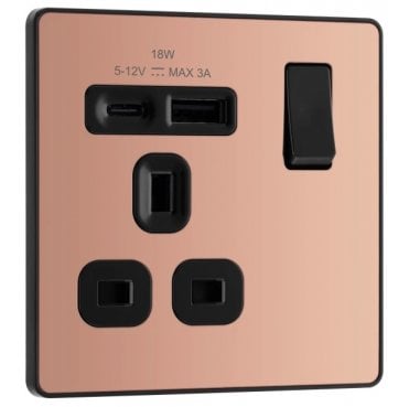 PCDCP21UAC18 Screwless Single Switched Socket with Dual USB Ports A+C with Black Insert in Polished Copper