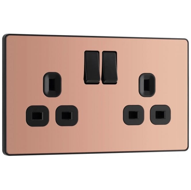 BG Electrical Switches and Sockets PCDCP22B Screwless Double Switched Socket with Black Insert in Polished Copper