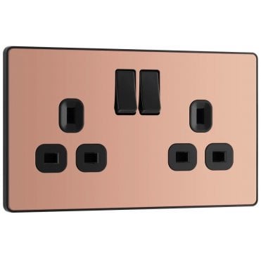 PCDCP22B Screwless Double Switched Socket with Black Insert in Polished Copper