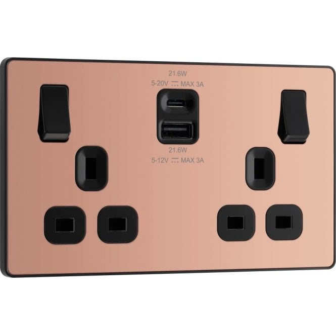 BG Electrical Switches and Sockets PCDCP22UAC22 Screwless Double Switched Socket with Dual USB Ports A+C (22W Fastcharge) with Black Inserts in Polished Copper