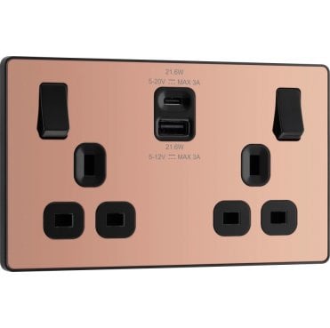 PCDCP22UAC22 Screwless Double Switched Socket with Dual USB Ports A+C (22W Fastcharge) with Black Inserts in Polished Copper