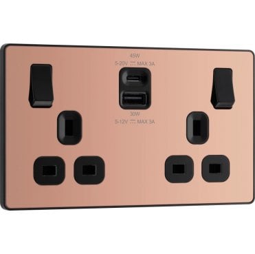 PCDCP22UAC45 Screwless Double Switched Socket with Dual USB Ports A+C (45W Fastcharge) with Black Inserts in Polished Copper