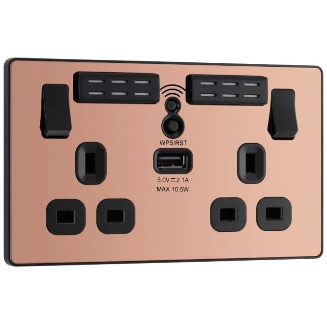 BG Electrical Switches and Sockets PCDCP22UWRB Screwless 2G Switched Socket with WIFI Extender and USB Port (2.1a) with Black Insert in Polished Copper