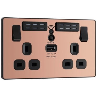 PCDCP22UWRB Screwless 2G Switched Socket with WIFI Extender and USB Port (2.1a) with Black Insert in Polished Copper