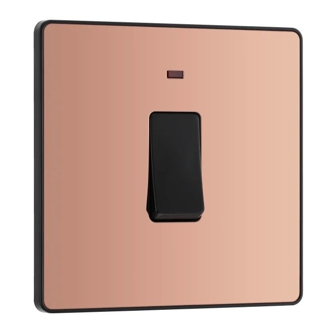 BG Electrical Switches and Sockets PCDCP31B Screwless 1G 20A DP Switch with Neon with Black Insert in Polished Copper