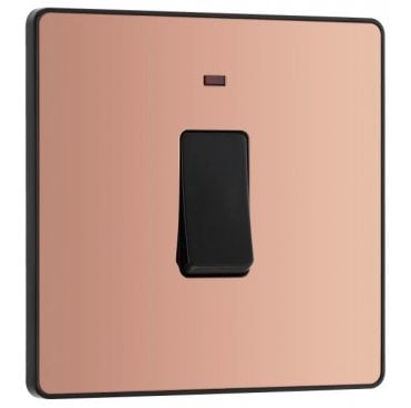 PCDCP31B Screwless 1G 20A DP Switch with Neon with Black Insert in Polished Copper