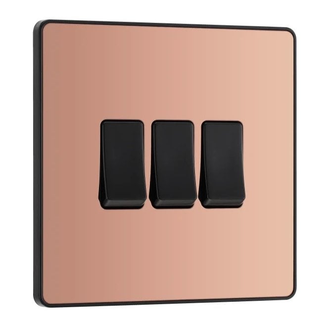 BG Electrical Switches and Sockets PCDCP43B Screwless 3G 2W Switch with Black Insert in Polished Copper