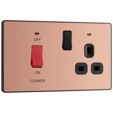 PCDCP70B Screwless 45A DP Cooker Switch and 13A Switched Socket with Neon with Black Insert in Polished Copper