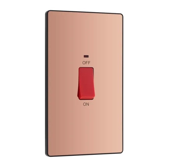 BG Electrical Switches and Sockets PCDCP72B Screwless 45A 2G DP Switch with Neon with Black Insert in Polished Copper
