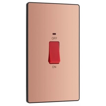 PCDCP72B Screwless 45A 2G DP Switch with Neon with Black Insert in Polished Copper