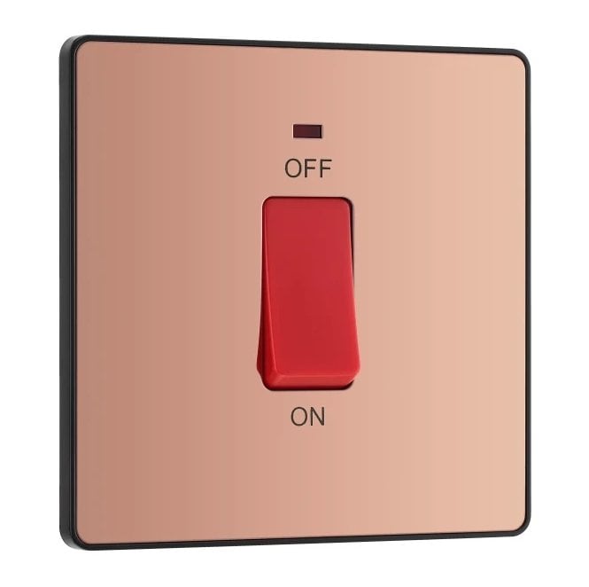 BG Electrical Switches and Sockets PCDCP74B Screwless 45A 1G DP Switch with Neon with Black Insert in Polished Copper