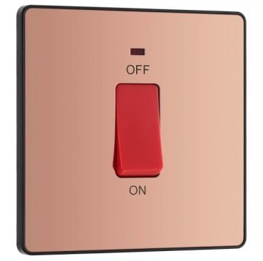 PCDCP74B Screwless 45A 1G DP Switch with Neon with Black Insert in Polished Copper