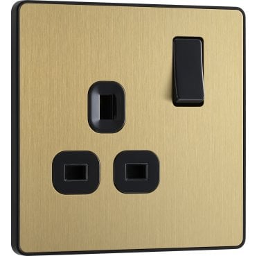 PCDSB21B Screwless Single Switched Socket with Black Insert in Satin Brass