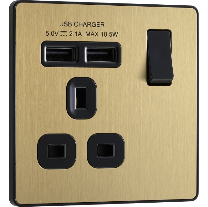 BG Electrical Switches and Sockets PCDSB21U2B Screwless Single Switched Socket with Dual USB Ports (2.1a) with Black Insert in Satin Brass