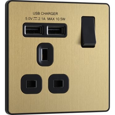 PCDSB21U2B Screwless Single Switched Socket with Dual USB Ports (2.1a) with Black Insert in Satin Brass
