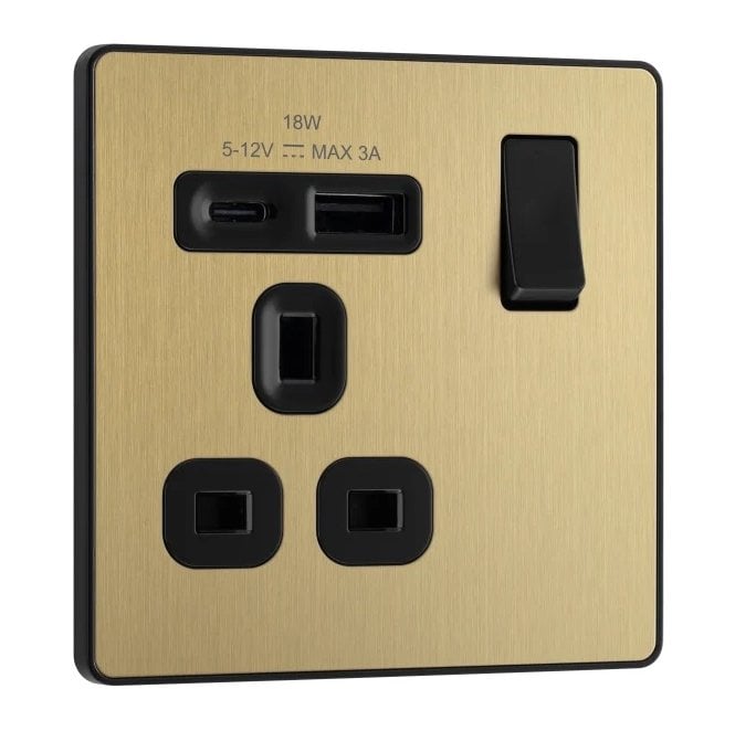 BG Electrical Switches and Sockets PCDSB21UAC18 Screwless Single Switched Socket with Dual USB Ports A+C with Black Insert in Satin Brass