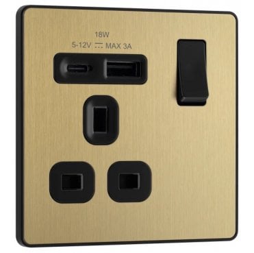 PCDSB21UAC18 Screwless Single Switched Socket with Dual USB Ports A+C with Black Insert in Satin Brass