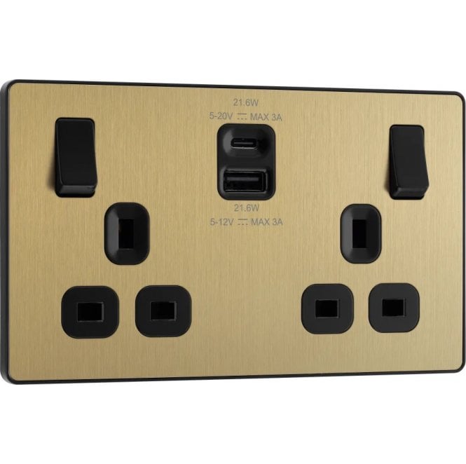 BG Electrical Switches and Sockets PCDSB22UAC22 Screwless Double Switched Socket with Dual USB Ports A+C (22W Fastcharge) with Black Inserts in Satin Brass