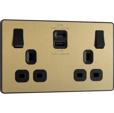 PCDSB22UAC22 Screwless Double Switched Socket with Dual USB Ports A+C (22W Fastcharge) with Black Inserts in Satin Brass