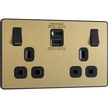 PCDSB22UAC30B Screwless Double Switched Socket with Dual USB Ports A+C with Black Insert in Satin Brass