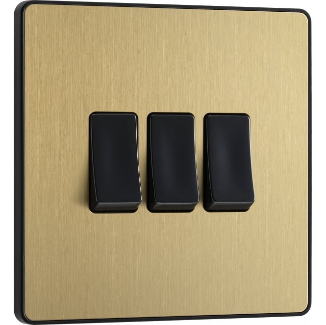 BG Electrical Switches and Sockets PCDSB43B Screwless 3G 2W Switch with Black Insert in Satin Brass