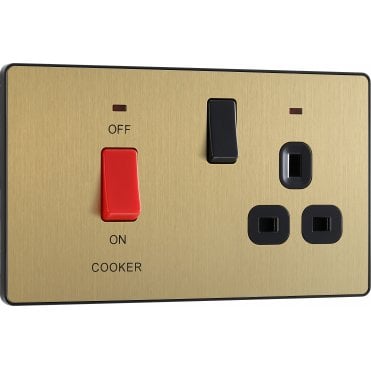 PCDSB70B Screwless 45A DP Cooker Switch and 13A Switched Socket with Neon with Black Insert in Satin Brass