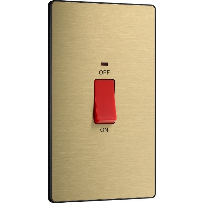 BG Electrical Switches and Sockets PCDSB72B Screwless 45A 2G DP Switch with Neon with Black Insert in Satin Brass
