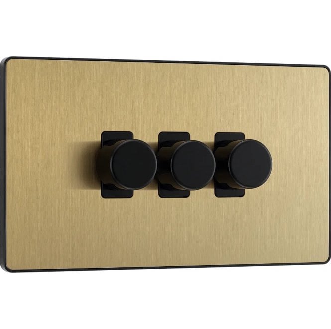 BG Electrical Switches and Sockets PCDSB83 Screwless 3G 2W Dimmer Switch with Black Insert in Satin Brass
