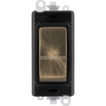GM2018BKAB-DW 20A DP Switch Module marked "DISHWASHER" in Antique Brass
